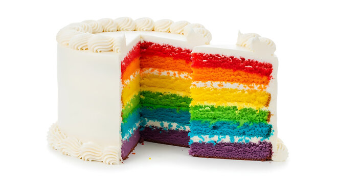 A vibrant rainbow layered cake with a slice removed decorated with white frosting isolated on a white background - Powered by Adobe