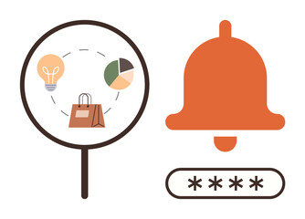 Magnifying glass highlighting shopping bag, lightbulb, and pie chart next to notification bell and password. Ideal for analytics, security, notification, creativity, marketing, online shopping flat