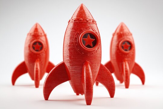 3D printed red rocket models arranged for display