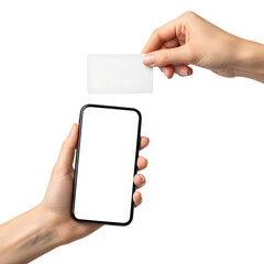 Hands hold smartphone and credit card for digital payment and mobile transaction. Isolated on transparent background, png