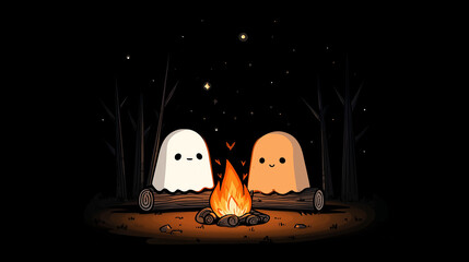 Two cute ghosts sitting by campfire in dark forest fantasy atmosphere spooky tradition seasonal ritual magical celebration and whimsical character design in creative background