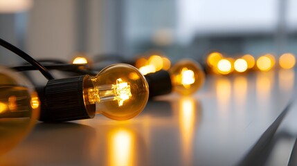 Warm glowing string lights illuminating a modern indoor space, creating a cozy atmosphere for gatherings