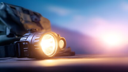 Close-up of a tactical flashlight illuminating a surface, with a blurred background hinting at adventure