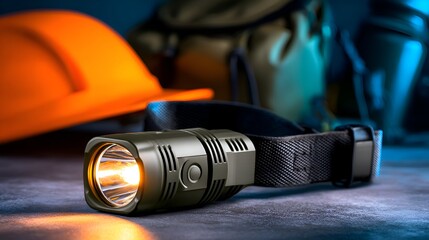 A rugged flashlight illuminated on a workbench surrounded by safety gear and tools in a dimly lit environment