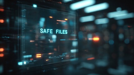 Abstract digital representation of secure data storage with glowing text 'SAFE FILES'.