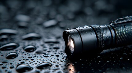 Close-up of a sleek, waterproof flashlight illuminating droplets on a dark surface, showcasing its features