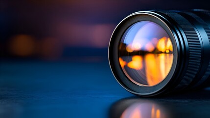 Close-up of a camera lens reflecting colorful lights, showcasing photography equipment in a serene setting