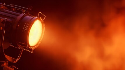 Bright spotlight casting warm orange light through mist, creating a dramatic atmosphere for performances