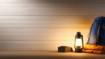Cozy camping setup with a lantern, backpack, and folded blanket on a wooden surface, evoking adventure
