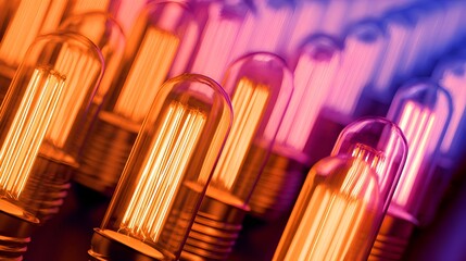 Close-up of vibrant vintage light bulbs glowing warmly against a colorful blurred background