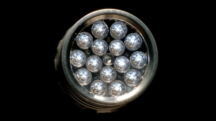 Close-up view of a high-powered LED flashlight showcasing its bright bulbs against a dark background