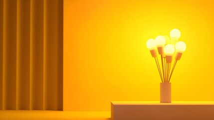 A vibrant indoor scene featuring a stylish vase with glowing light bulbs against a warm yellow backdrop