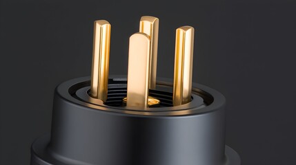 Close-up of a sleek, modern electrical plug showcasing its gold prongs against a dark background