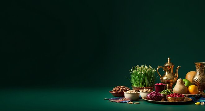 Iran Nowruz Preparation banner background, haft-seen table
