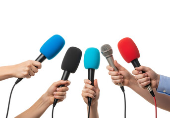 Multiple hands holding microphones ready for interview or news conference. Isolated on transparent background, png
