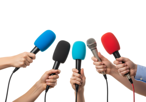 Multiple hands holding microphones ready for interview or news conference. Isolated on transparent background, png - Powered by Adobe