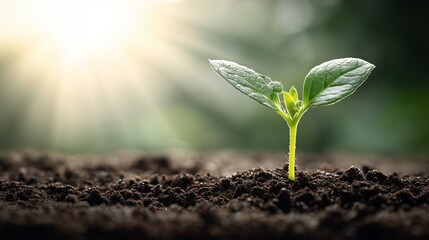 A light green seedling growing from fertile soil with sunlight shining through it, symbolizing new beginnings and sustainability.