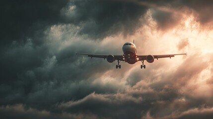 Airplane landing through cloudy sky, dramatic lighting, travel and aviation concept, cinematic composition.