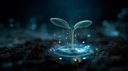A digital hologram of a plant seedling with futuristic glowing particles, symbolizing biotech and innovation.