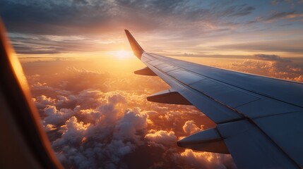 View of the airplane wing from the passenger window during sunrise. Golden light. Desire to travel.