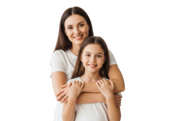 A mother and daughter embrace isolated on transparent background