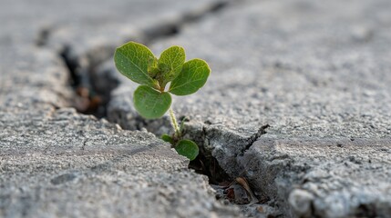 Bright green sprout growing out of a cracked concrete floor, symbol of urban sustainability and hope.
