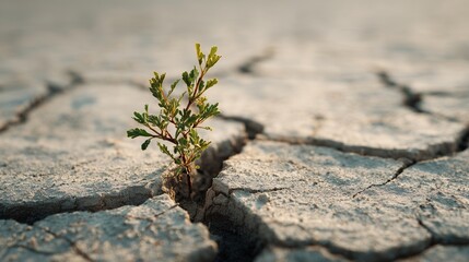 Close-up of a small plant sprouting from cracked dry earth, concept of hope, climate change, and resilience.