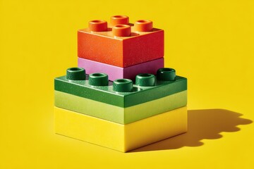 Naklejka premium Colorful Lego Bricks Assembled in a Stack on a Yellow Background