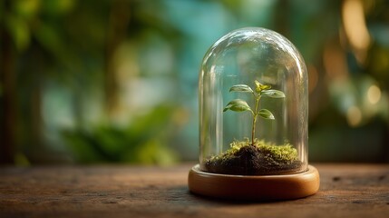 Seedling growing inside a transparent glass dome, concept of protection and eco-preservation.