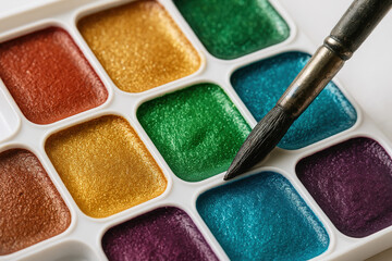 Shimmering Watercolors: A Close-Up of Pigments and a Bristled Paintbrush