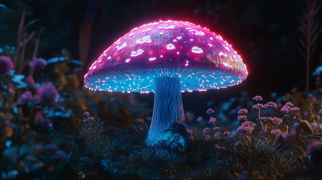3D render of a floating glowing mushroom radiating soft light in a dark space, blending fantasy and nature aesthetics, perfect for surreal, magical, or sci-fi visuals.