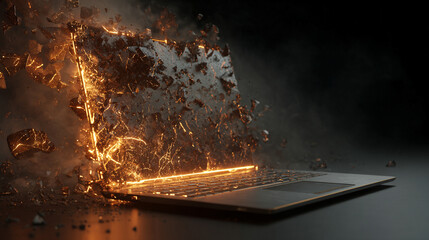 A hyperrealistic laptop screen shatters into glowing shards, suspended mid-air. Fragments emit vibrant light, capturing dynamic motion, digital disruption, and futuristic energy in a dramatic tech-ins