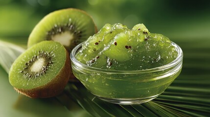 Juicy kiwi slices and a bowl of green kiwi gel