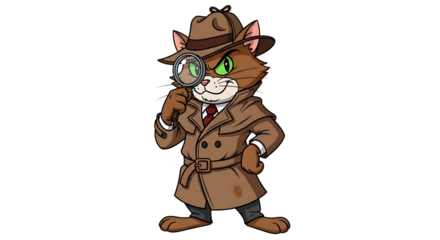 Cartoon cat detective wearing a trench coat and fedora hat, holding a magnifying glass and examining something closely isolated on transparent background