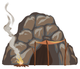 Pixel Art Cave Shelter With A Crackling Bonfire And Wisps Of Smoke On A Transparent Background Detailed Stone Texture And Rustic Canopy