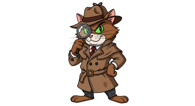 Cartoon cat detective wearing a trench coat and fedora hat, holding a magnifying glass and examining something closely isolated on transparent background
