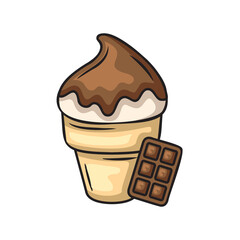 Pixel Art Ice Cream Cone With Chocolate Sauce Drizzled On Top and A Chocolate Bar On The Side Isolated On White Background