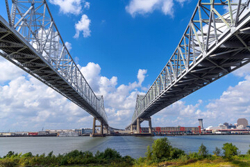 Fototapeta premium Crescent City Connection Bridge - A low-angle and wide-angle view of the Crescent City Connection Bridge over the Mississippi River on a sunny Autumn morning. New Orleans, Louisiana, USA.