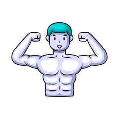 Pixel Art Muscular Male Character with Cyan Hair Flexing Biceps on Transparent Background