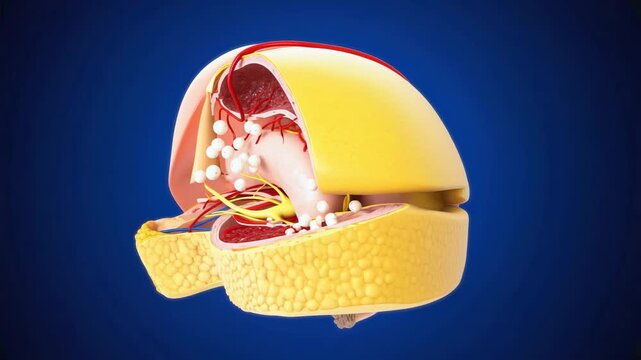 Anatomical cross section 3D rendering of the upper abdomen showing the liver, stomach, and pancreas with internal adipose tissue.
