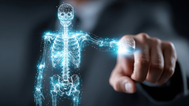 Businessman Touching Digital Human Skeleton with Glowing Connections anatomy medical - Powered by Adobe