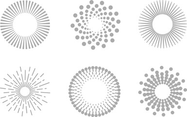 A Set of Six Abstract Geometric Sunburst and Spiral Dot Vector Patterns, a Modern Collection of Circular Starburst Design Elements