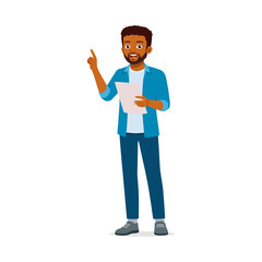 Smiling African American man holding paper pointing finger having an idea illustration