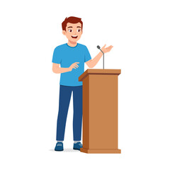 Young Man Giving a Speech at a Podium with Microphone and Smiling in Illustration Style
