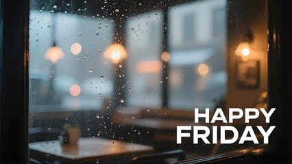 Raindrops on Cafe Window Forming Happy Friday Text with Bokeh City Lights and Cozy Mood