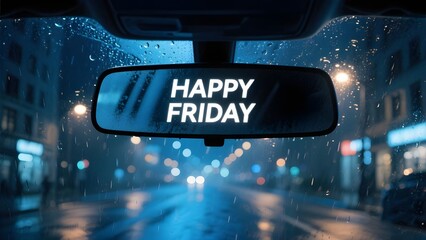 Happy Friday Message on Fogged Rearview Mirror with City Lights Reflections and Rainy Night Vibe