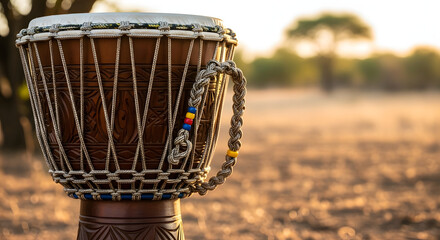 Rustic Djembe Drum in a Serene Landscape An Ode to Rhythm and Nature
