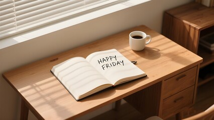 Happy Friday Handwritten on Notebook with Morning Sunlight and Coffee Cup on Wooden Desk