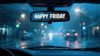 Happy Friday Message on Fogged Rearview Mirror with City Lights Reflections and Rainy Night Vibe