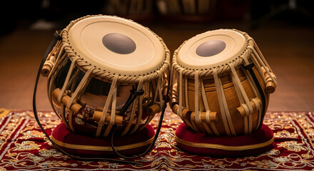 Indian Percussion Instruments A Close-Up of Two Tabla Drums on a Rug
